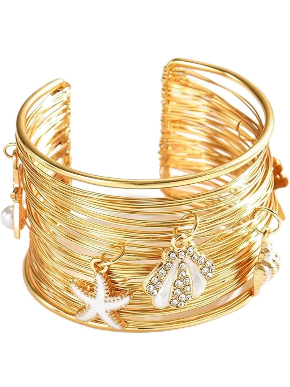 Anthropologie Gold Multi-Wire Beach Charm Cuff Bracelet with Pearl Accents